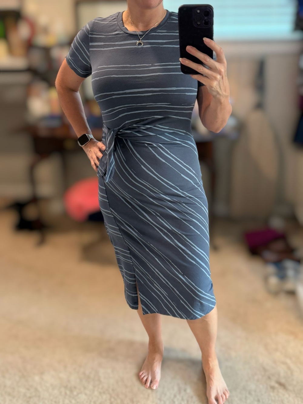 AnyBody Blue Striped Tie-Waist Dress